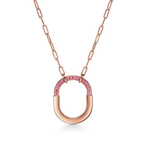 Tiffany Lock Pink Pave Diamonds 18K Gold Necklace